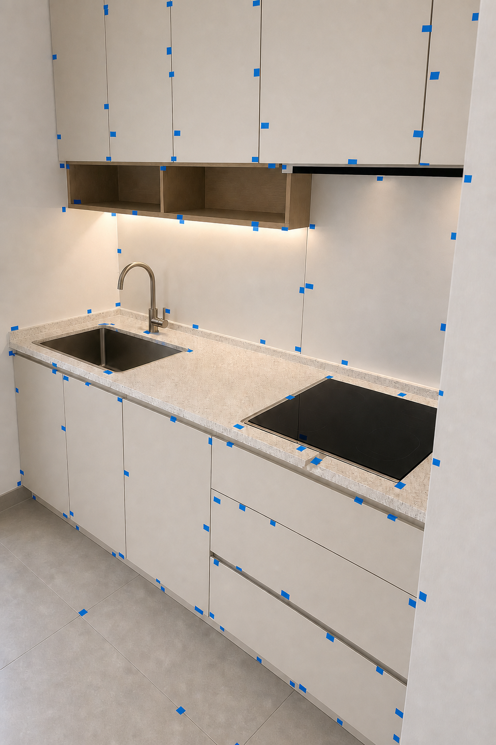 Kitchen inspection — defects marked with blue tape