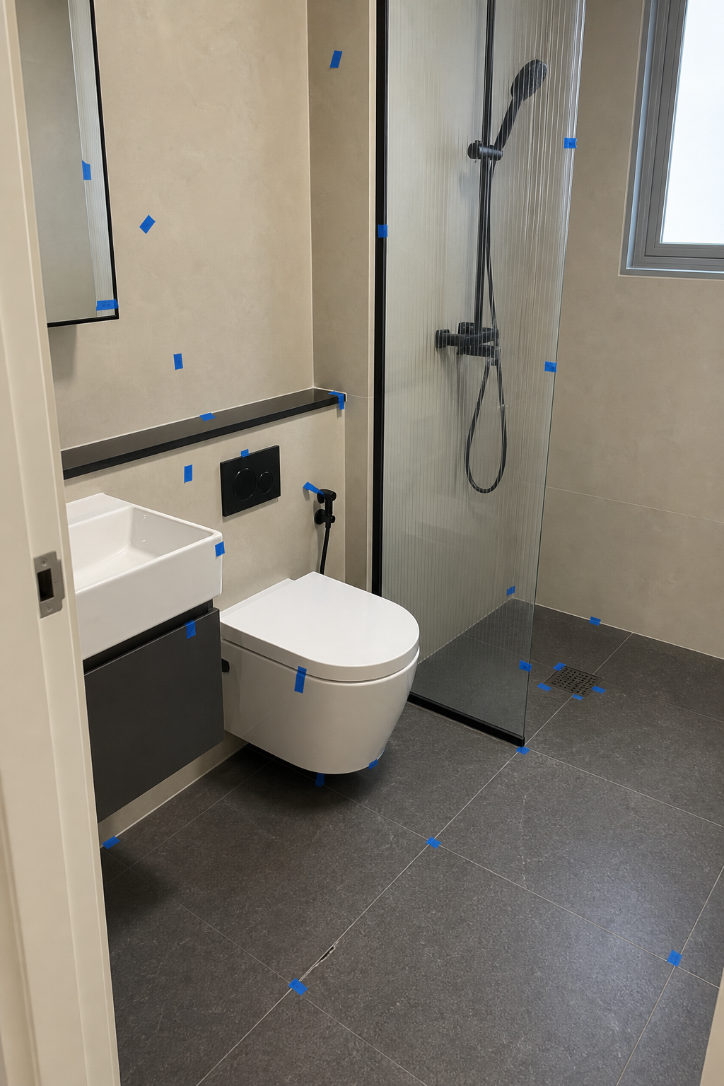 Bathroom inspection — defects marked with blue tape