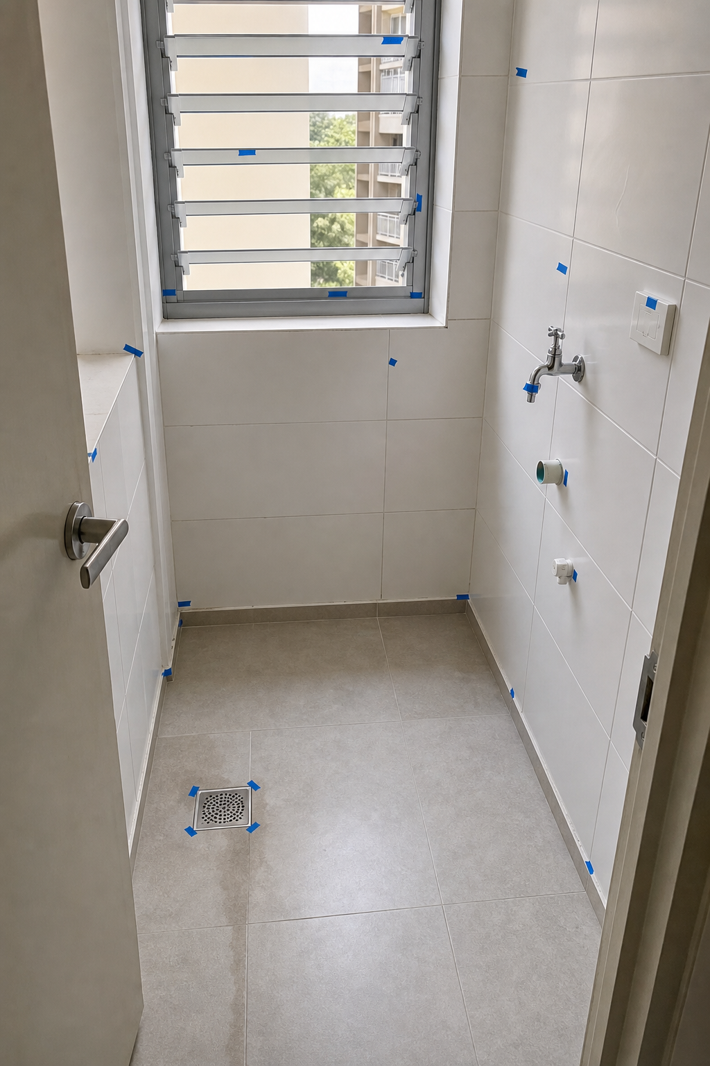Service yard inspection — defects marked with blue tape